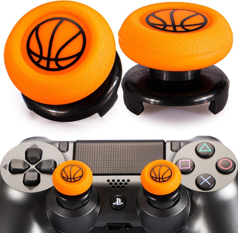 PlayRealm FPS Thumbstick Extender & Printing Rubber Silicone Grip Cover 2 Sets for PS5 Dualsenese & PS4 Controller (Basketball) - Image 1