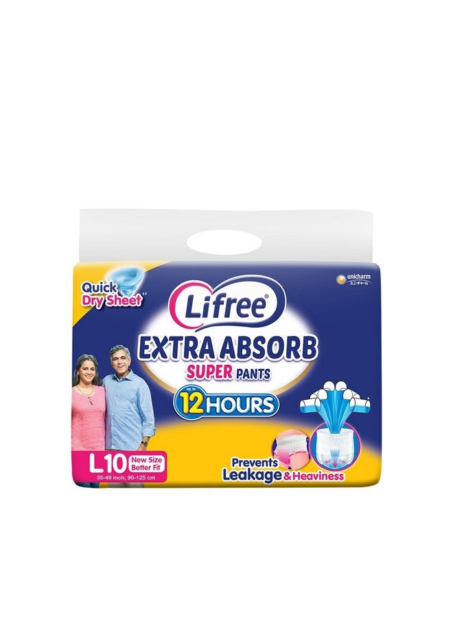 Lifree Lifree Extra Absorb Super Pants|Unisex Adult Diaper|Pant Style|Use Upto 12 Hours|6-Glass Absorption|Quick Dry Sheet|Prevents Leakage|Prevents Heaviness|Size L( 35-49 Inches/90-125 Cms)|Count 10  - Image 1