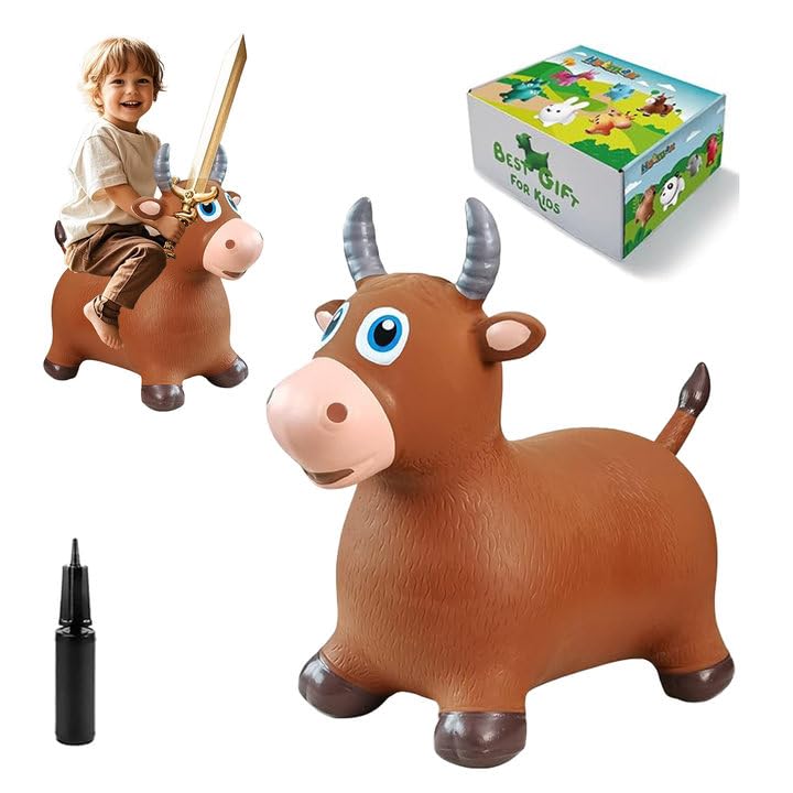 HotMax Bouncy Bull Hopping Horse Toys Inflatable Bouncing Animal Hopper for Toddlers or Kids Ride on Jumping Farm Toys for Boy or Girl Birthday Gift 2 3 4 Year Old Brown Cow