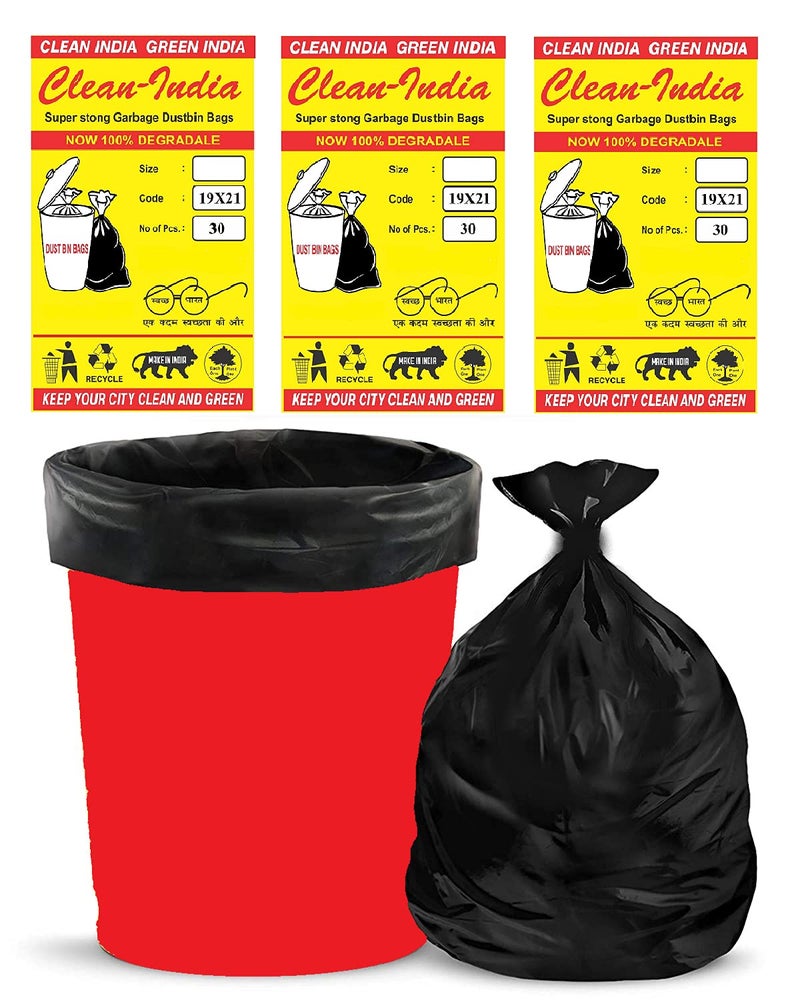 Clean India - Premium Medium Plastic Garbage Bags 19X21 Inches | Black Recyclable | Disposable Kitchen Garbage Trash Waste Dustbin Bags, 90 Piece - Image 1