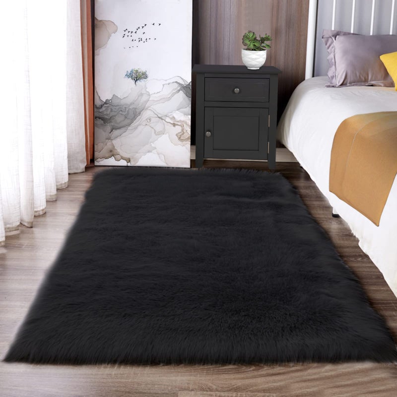 Latepis Black Rugs for Bedroom 3x5 Throw Rug Shag Washable Faux Fur Sheepskin Rug for Living Room Floor Plush Soft Rugs Cute Room Decor Rectangle - Image 1
