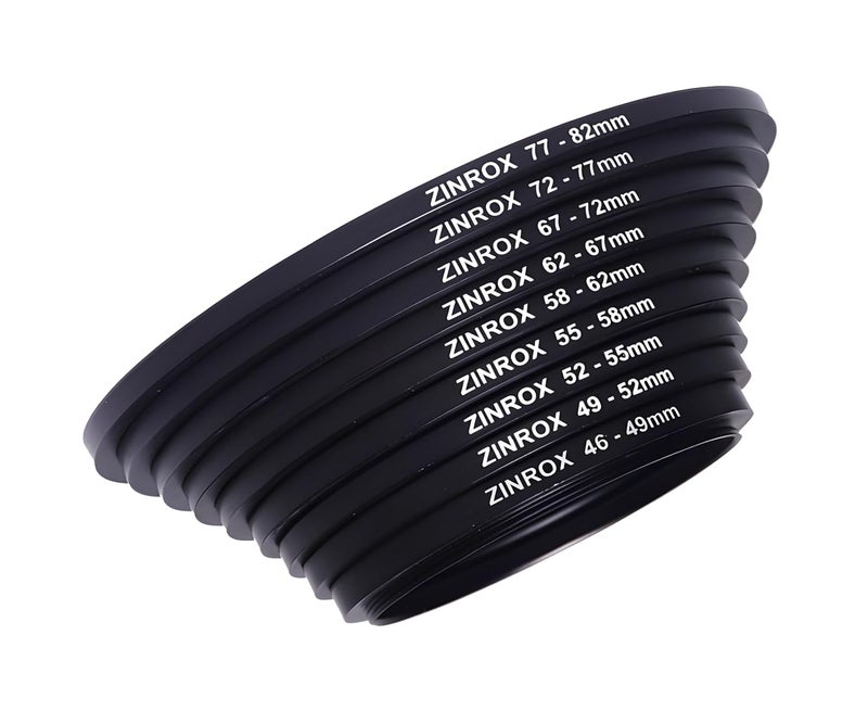 ZINROX® 46mm to 82mm Stepping Up Lens Filter Adapter Rings, 9 Pieces Set, Sizes: 46-49mm, 49-52mm, 52-55mm, 55-58mm, 58-62mm, 62-67mm, 67-72mm, 72-77mm, and 77-82mm Step Up Rings Conversion Ring Set - Image 1