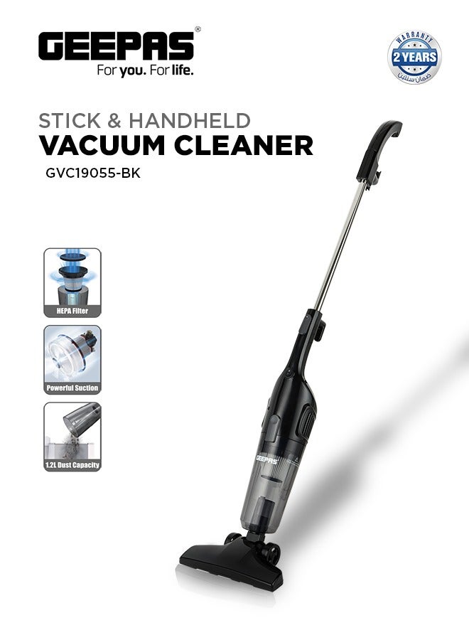 GEEPAS 2-in-1 Stick & Handheld Vacuum Cleaner with HEPA Filtration, Powerful Suction, Large Dust Capacity, Ideal for Homes, Offices, & Cars 1.2 L 600 W GVC19055-BK Black