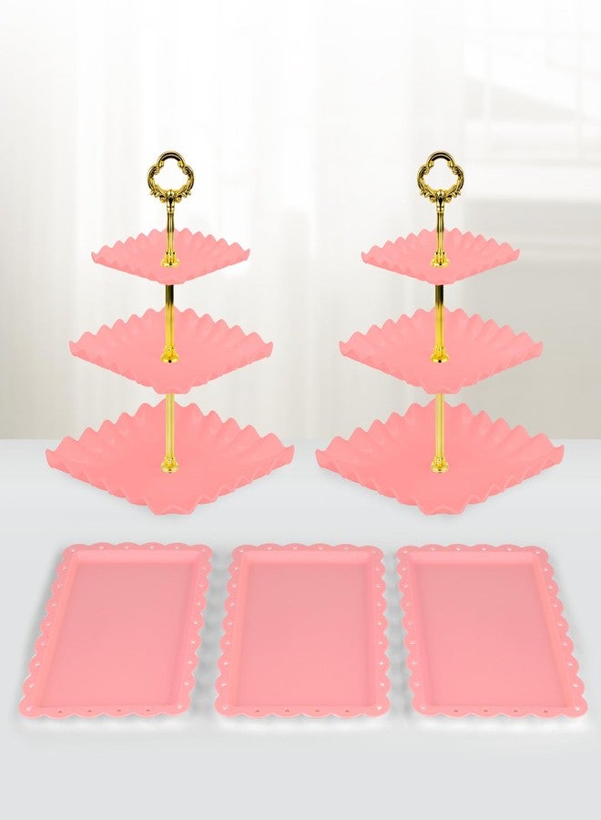 NWK 5 Piece Cupcake Stand Set with 2 x Large 3-Tier Cupcake Stands, 3 x Appetizer Trays, for Wedding Birthday Baby Shower Tea Party Decorations Pink - Image 2