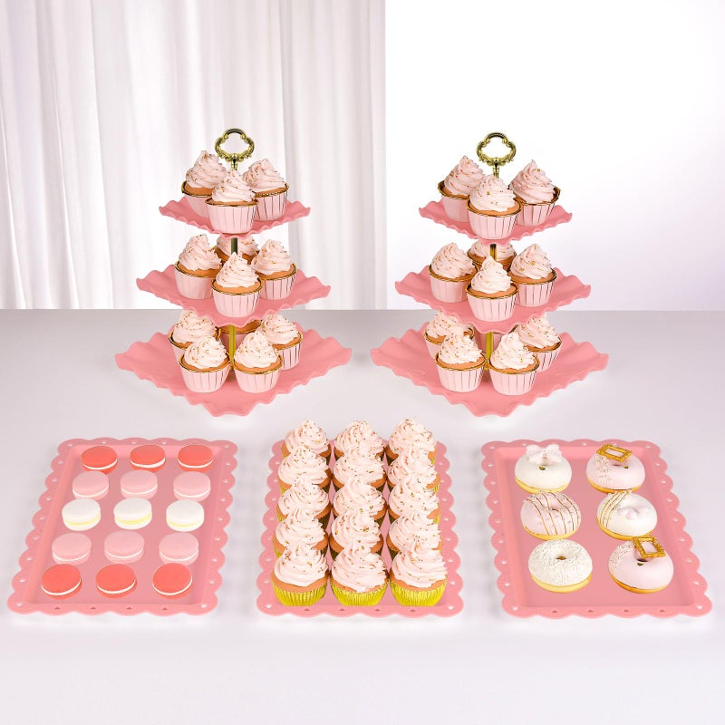 NWK 5 Piece Cupcake Stand Set with 2 x Large 3-Tier Cupcake Stands, 3 x Appetizer Trays, for Wedding Birthday Baby Shower Tea Party Decorations Pink - Image 1