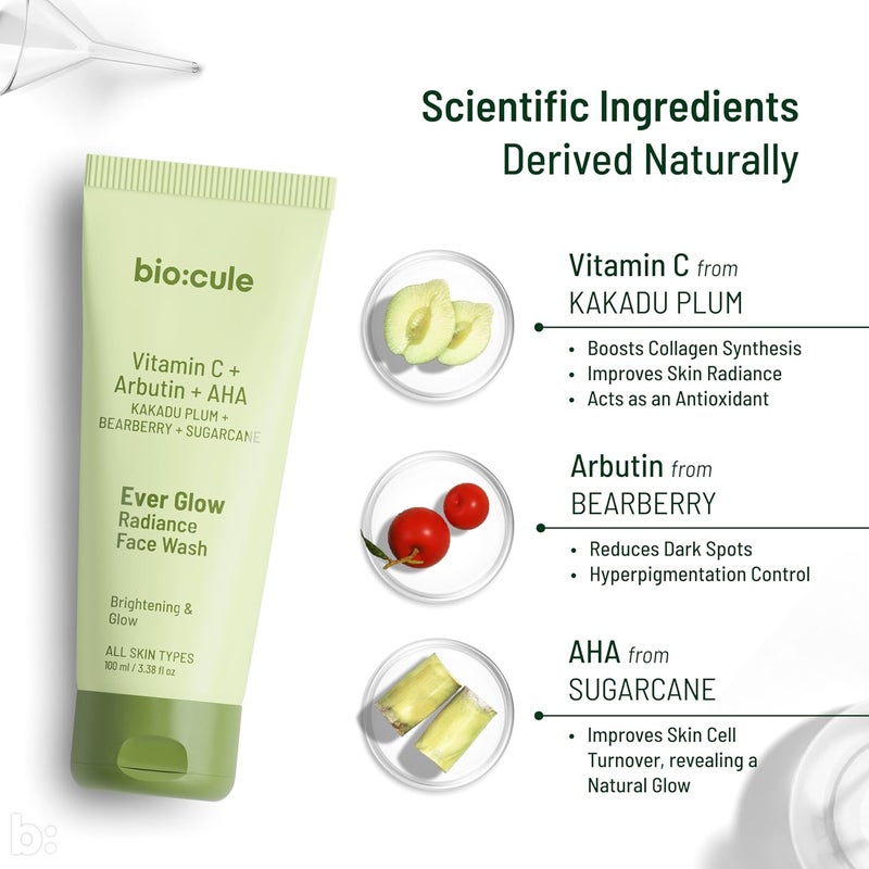 biocule Ever Glow Radiance Face Wash for Glowing Even Skin Tone with Vitamin C from KaKadu Plum Arbutin from Bearberry Glycolic Acid from Sugarcane Glow Face Wash for All Skin Types 100ml - Image 3