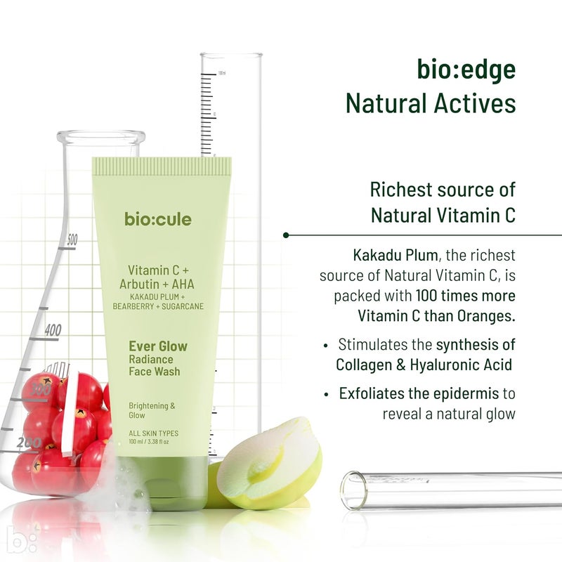 biocule Ever Glow Radiance Face Wash for Glowing Even Skin Tone with Vitamin C from KaKadu Plum Arbutin from Bearberry Glycolic Acid from Sugarcane Glow Face Wash for All Skin Types 100ml - Image 4