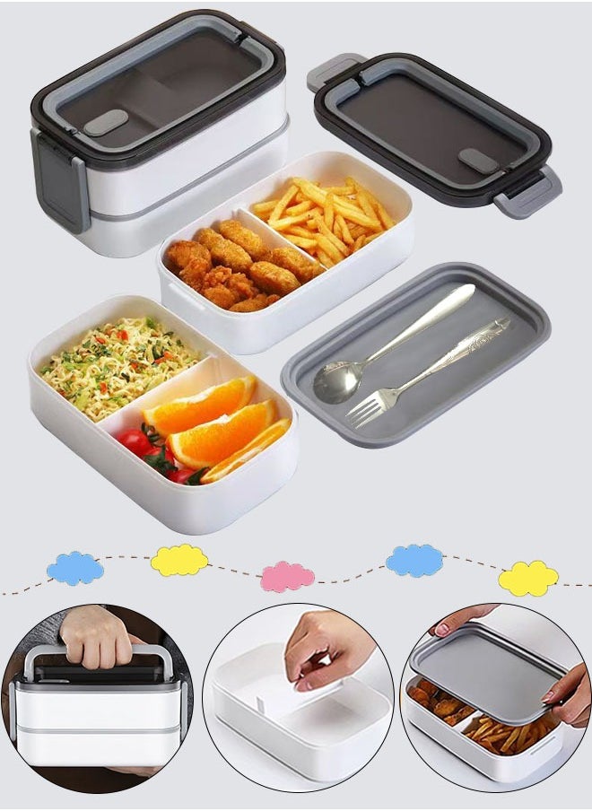 Generic Bento Box 1400ml 2-Tier Large Plastic Lunch Box with Compartments & Cutlery Set Large Lunch Container with Stainless Steel Food Picks for Adults Kids​  - Image 1