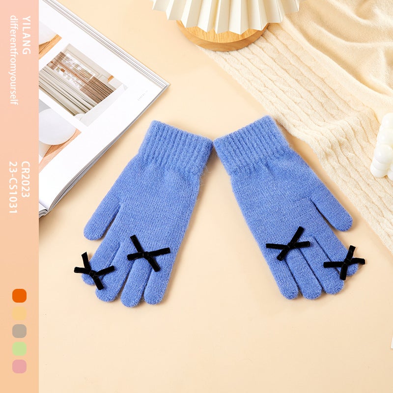 2023 Winter new five-finger solid color warm knitted gloves womens bow student cold-proof wool gloves23-CS1031-05 Blue 23-CS1031-05 Blue 