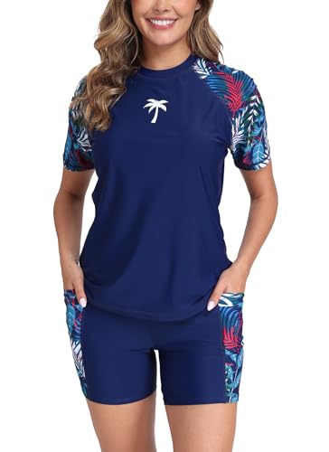 Halcurt Women Bathing Suit Shirts with Built in Bra 2 Piece Rash Guard Set Shorts and Swim Shirt Navy XL - Image 1