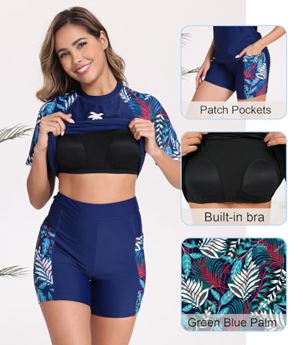 Halcurt Women Bathing Suit Shirts with Built in Bra 2 Piece Rash Guard Set Shorts and Swim Shirt Navy XL - Image 5