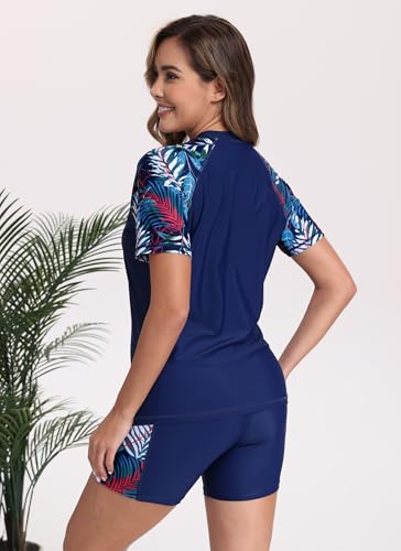 Halcurt Women Bathing Suit Shirts with Built in Bra 2 Piece Rash Guard Set Shorts and Swim Shirt Navy XL - Image 2