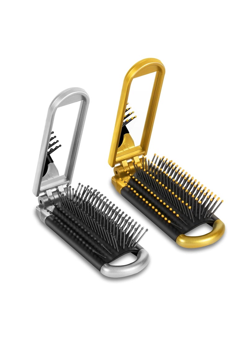 YUSONG - Yusong Mini Travel Hair Brush Set Folding Hairbrush with Mirror For Women Girls Compact Pocket Size Comb For Purse Gym Trip Swiming 2pcs GoldSilver - Image 1