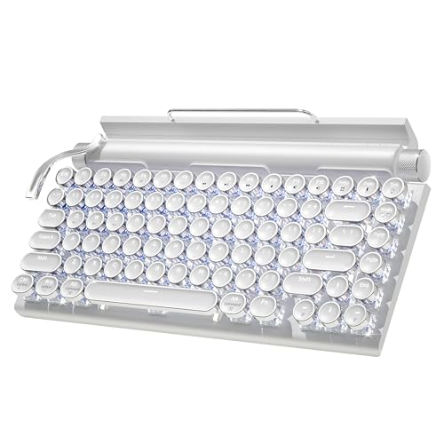 Taiahiro Retro Typewriter Wireless Mechanical Gaming Keyboard, Bluetooth 5.0 Office Computer Vintage Keyboards 83-Key Blue Switches Punk Round Keycap, LED Backlight, Compatible with PC/Laptop/Pad/Phone, White - Image 1