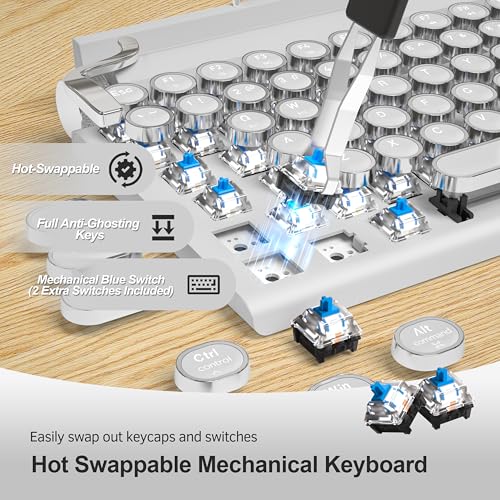 Taiahiro Retro Typewriter Wireless Mechanical Gaming Keyboard, Bluetooth 5.0 Office Computer Vintage Keyboards 83-Key Blue Switches Punk Round Keycap, LED Backlight, Compatible with PC/Laptop/Pad/Phone, White - Image 4