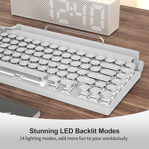 Taiahiro Retro Typewriter Wireless Mechanical Gaming Keyboard, Bluetooth 5.0 Office Computer Vintage Keyboards 83-Key Blue Switches Punk Round Keycap, LED Backlight, Compatible with PC/Laptop/Pad/Phone, White - Image 5