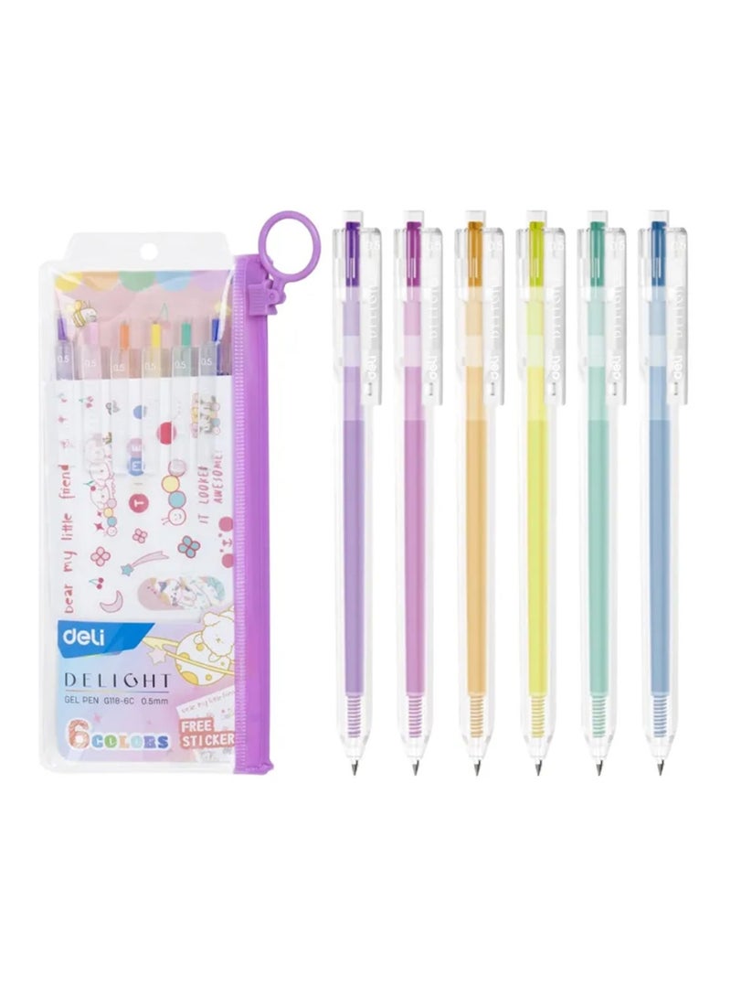 Deli 6-Piece Delight Gel Pen In Plastic Pouch 0.5mm Tip Assorted Colours  - Image 1