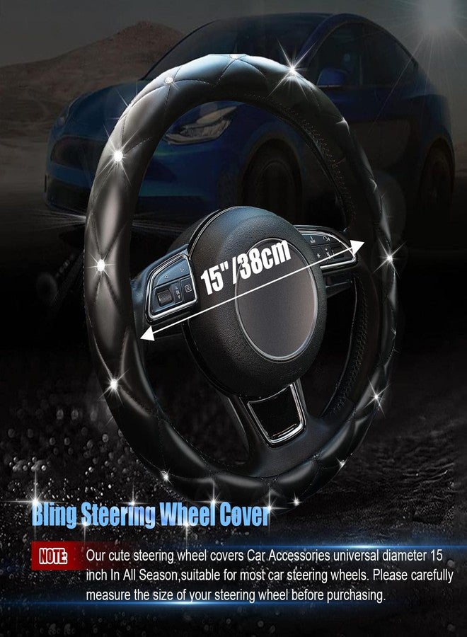 SuperKaKa Black Steering Wheel Cover, Universal PU Diamond Bling Breathable Slip-Proof Soft Comfort Imitation Leather Car Accessories Protector Fits Most Round O-Shaped 15 inch Steering Wheel - Image 2