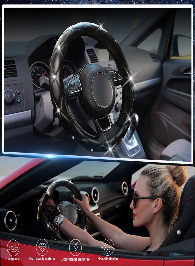 SuperKaKa Black Steering Wheel Cover, Universal PU Diamond Bling Breathable Slip-Proof Soft Comfort Imitation Leather Car Accessories Protector Fits Most Round O-Shaped 15 inch Steering Wheel - Image 3
