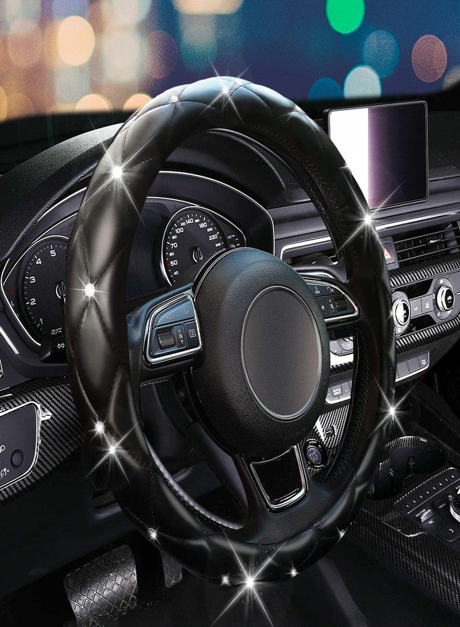 SuperKaKa Black Steering Wheel Cover, Universal PU Diamond Bling Breathable Slip-Proof Soft Comfort Imitation Leather Car Accessories Protector Fits Most Round O-Shaped 15 inch Steering Wheel - Image 1