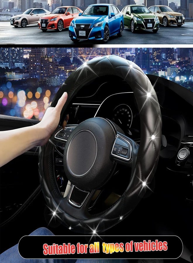 SuperKaKa Black Steering Wheel Cover, Universal PU Diamond Bling Breathable Slip-Proof Soft Comfort Imitation Leather Car Accessories Protector Fits Most Round O-Shaped 15 inch Steering Wheel - Image 4