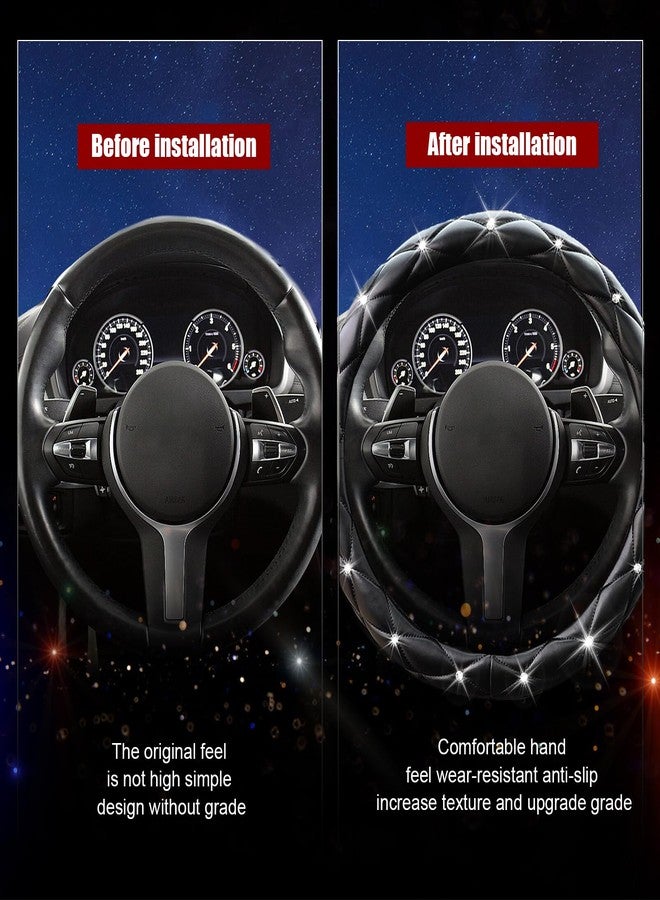 SuperKaKa Black Steering Wheel Cover, Universal PU Diamond Bling Breathable Slip-Proof Soft Comfort Imitation Leather Car Accessories Protector Fits Most Round O-Shaped 15 inch Steering Wheel - Image 5