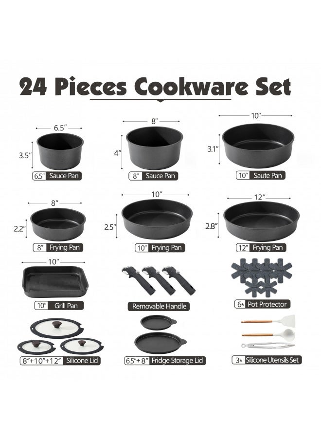 Sensarte SENSARTE 24 Piece Pots and Pans Set, Nonstick Detachable Handle Cookware, Induction Kitchen Cookware Set with Removable Handle, Healthy Non Stick RV Cookware, DishwasherOven Safe, PFOA Free (Black)  - Image 1