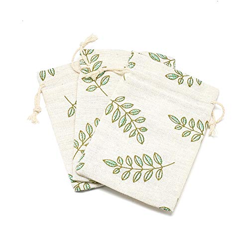 KISSITTY 50 Pack Cotton Cloth Storage Bags with Drawstring Easter 39x55 Inch Leaf Printed Reusable Jewelry Gift Pouches for Wedding Party Favor