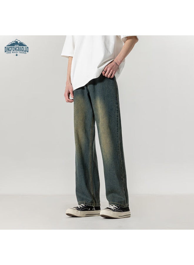 Dingfengbaoluo Stone Washed Vintage Jeans For Men, Spring And Summer Loose Breathable Straight-leg Casual Trousers, Navy Blue, Size M - Image 2