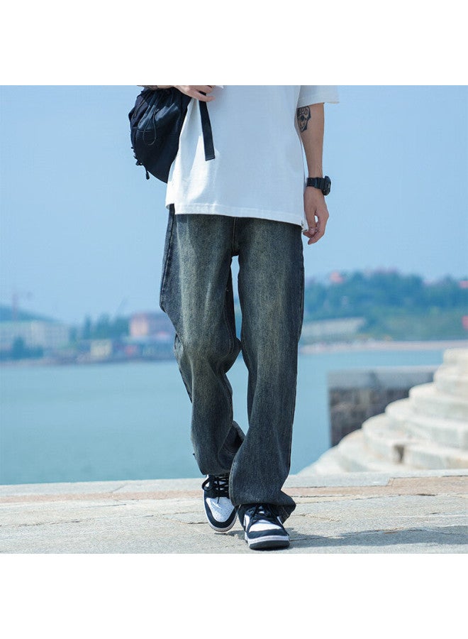 Dingfengbaoluo Stone Washed Vintage Jeans For Men, Spring And Summer Loose Breathable Straight-leg Casual Trousers, Navy Blue, Size M - Image 1