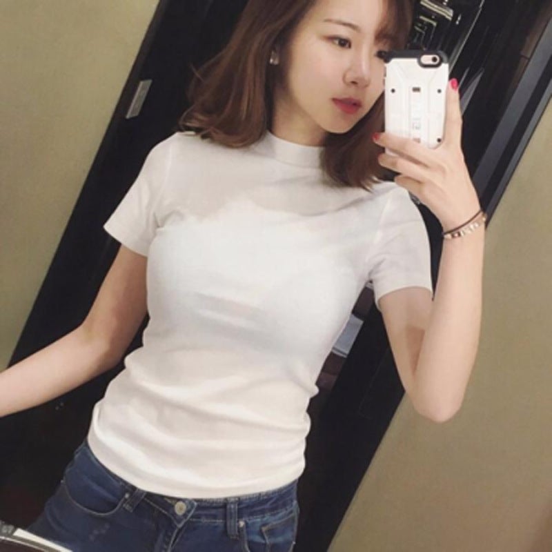 2023 Summer Korean T-Shirt Women'S Slim Half Turtle Collar Short Sleeve Casual Bottoming Shirt Women'S Solid Color - Image 2