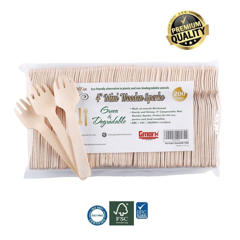 Gmark 4"" Mini Wooden Spork 200 ct  Biodegradable Compostable Birchwood Fork Spoon 2-in-1 Utensil (200pcs/bag) GM1058 - Image 3
