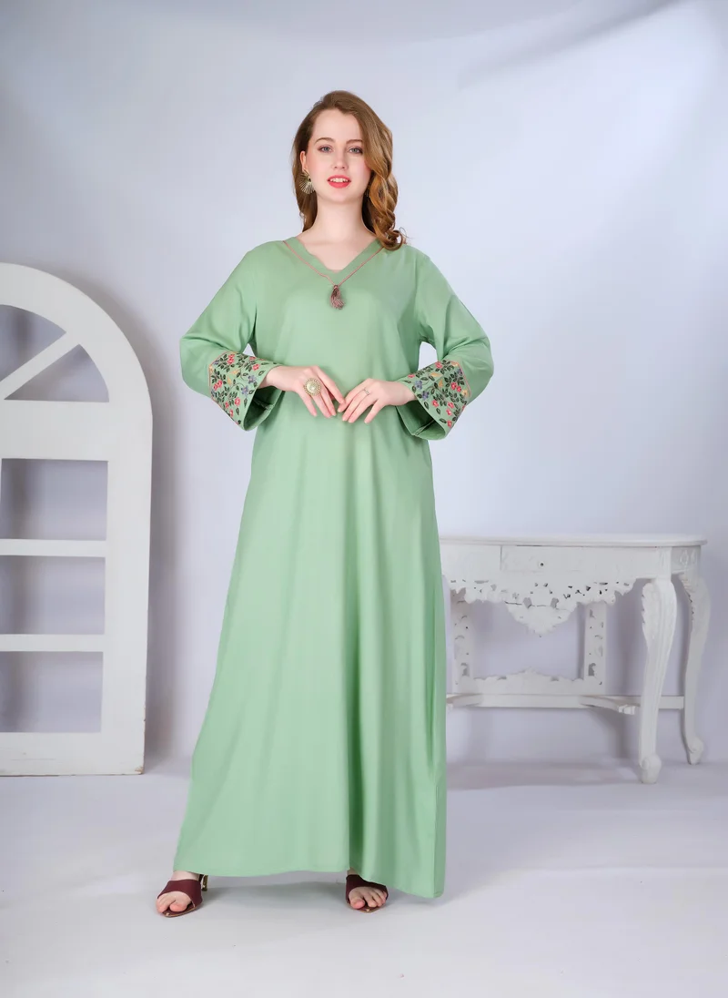 Artemea Women's Green Premium Rayon Slub Ankle length Jalabiya Dress