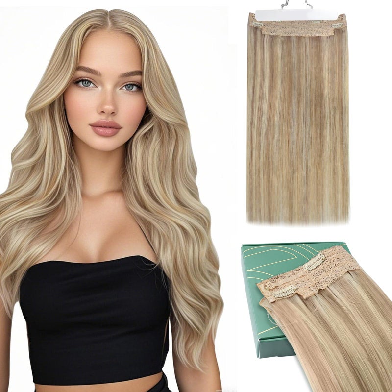 Ugeat Blonde Wire Hair Extensions Real Human Hair Invisible Hair Extensions Straight Dark Ash Blonde Highlights Golden Blonde Remy Wire Extensions Human Hair 14 Inch 70g