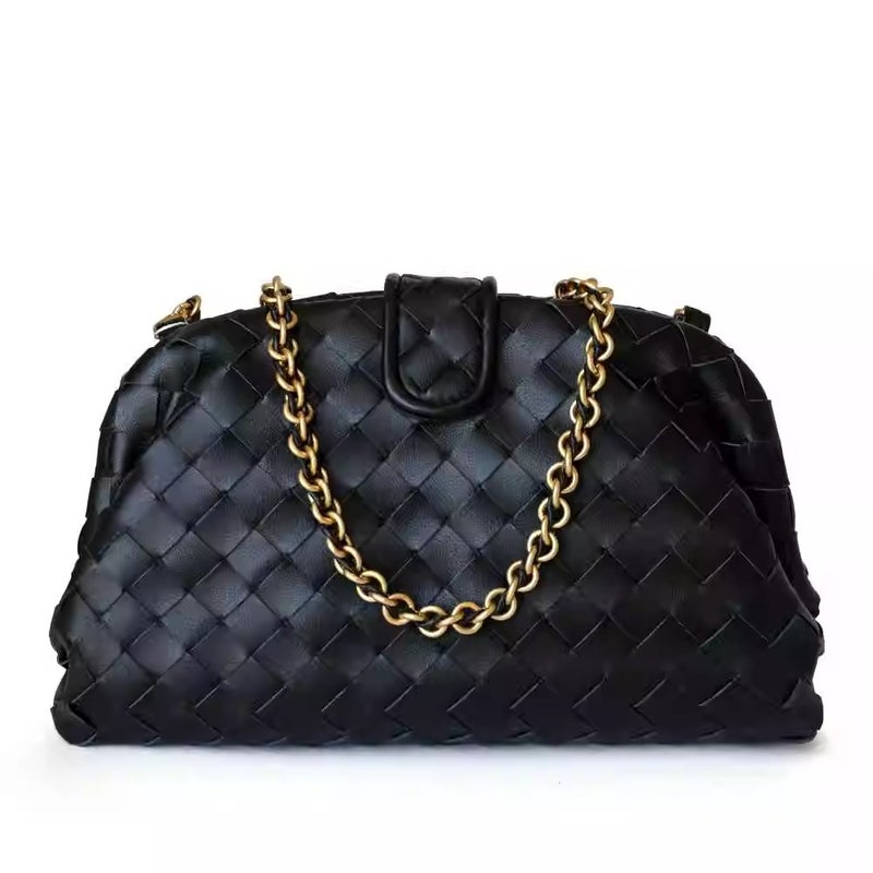 Cowhide Woven Women'S Bag, Fashionable Hand-Held Armpit Bag, Large-Capacity Shoulder Chain Clip Bag, Cross-Body Shell Dumpling Bag - Image 2