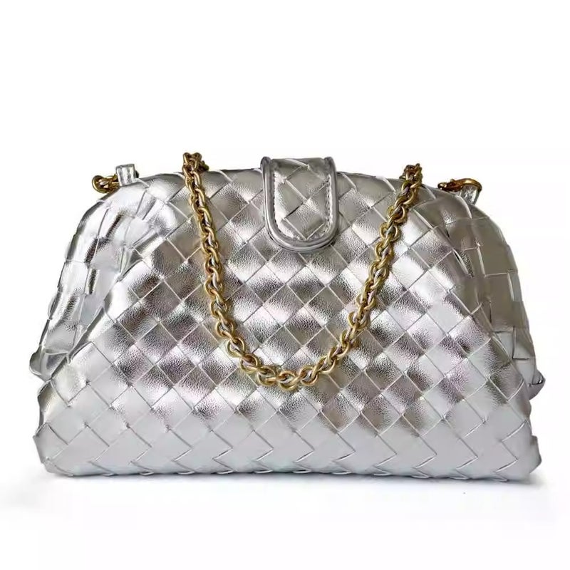 Cowhide Woven Women'S Bag, Fashionable Hand-Held Armpit Bag, Large-Capacity Shoulder Chain Clip Bag, Cross-Body Shell Dumpling Bag - Image 5