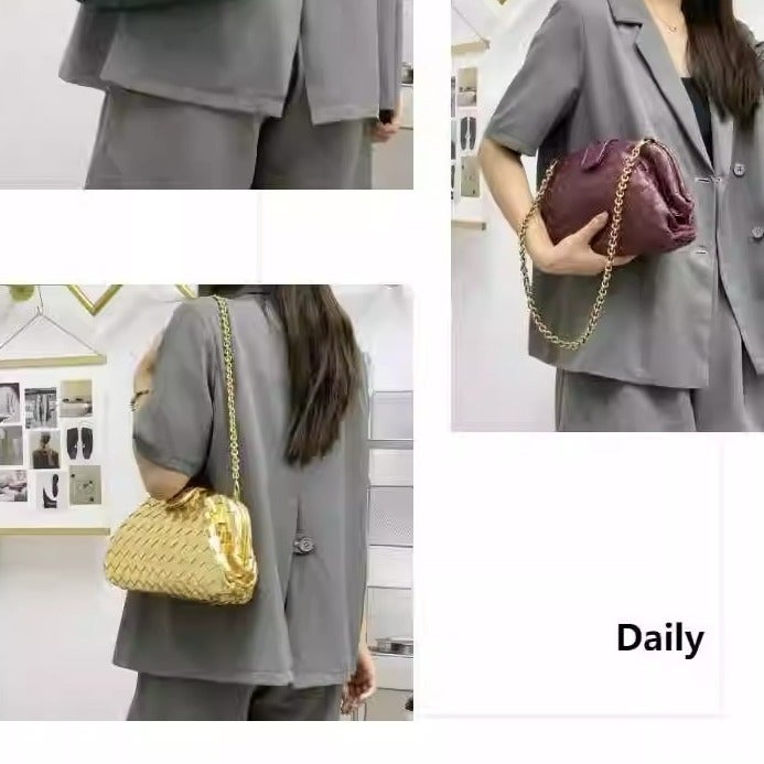 Cowhide Woven Women'S Bag, Fashionable Hand-Held Armpit Bag, Large-Capacity Shoulder Chain Clip Bag, Cross-Body Shell Dumpling Bag - Image 4