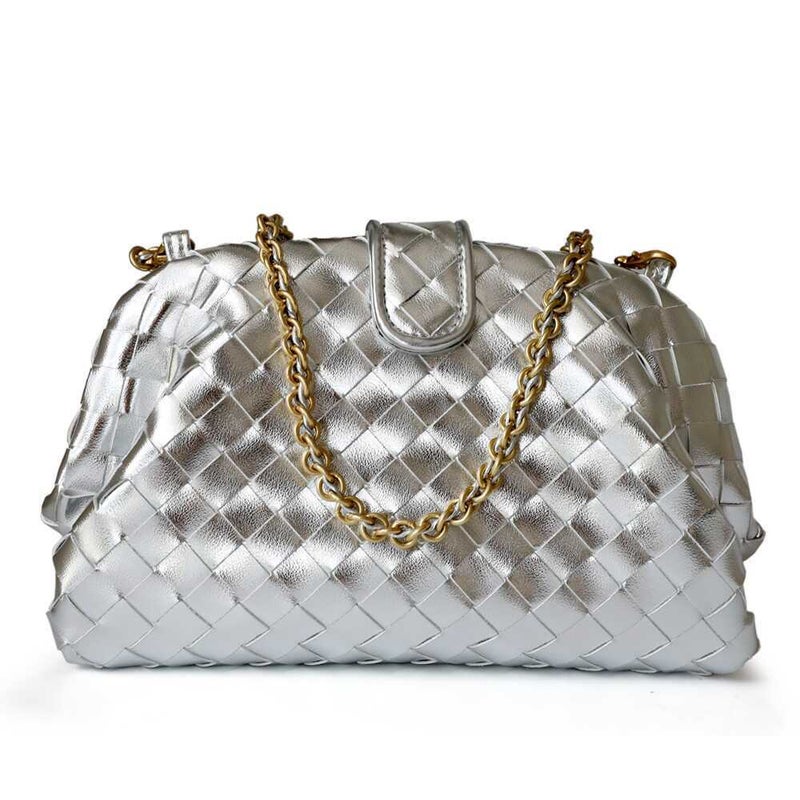 Cowhide Woven Women'S Bag, Fashionable Hand-Held Armpit Bag, Large-Capacity Shoulder Chain Clip Bag, Cross-Body Shell Dumpling Bag - Image 1