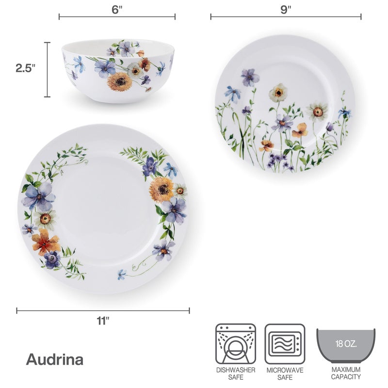 Mikasa Audrina Water Color Flowers Bone China Lightweight Chip Resistant 12 Piece Dinnerware Set, Service for 4, White - Image 3