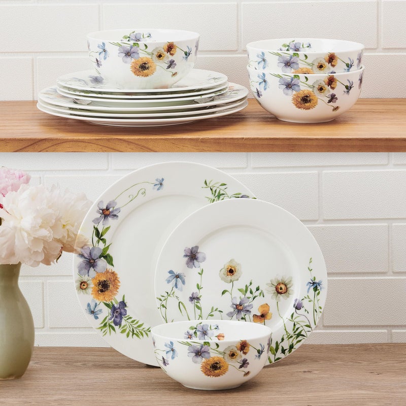 Mikasa Audrina Water Color Flowers Bone China Lightweight Chip Resistant 12 Piece Dinnerware Set, Service for 4, White - Image 5