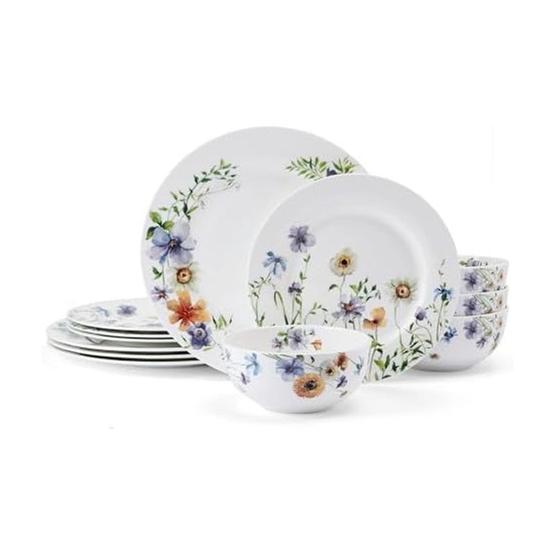Mikasa Audrina Water Color Flowers Bone China Lightweight Chip Resistant 12 Piece Dinnerware Set, Service for 4, White - Image 1