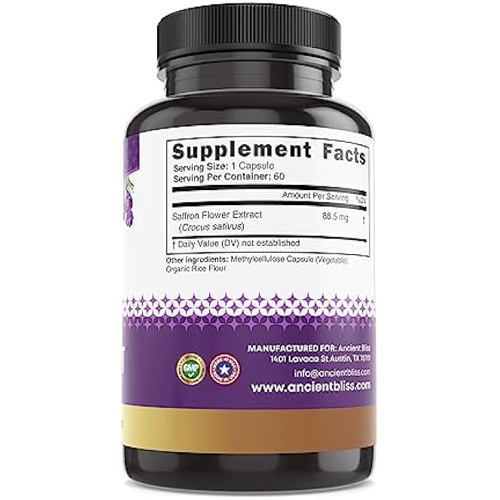 Ancient Bliss Saffron Extract Capsules Mood & Eye Support Supplement, Saffron Extract Appetite Suppressant Weight Management for Women & Men (60 Capsules) - Image 5