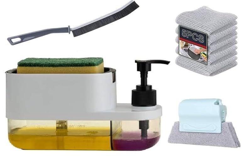 INVOSS 3 in 1 Soap Dispenser & 5 Pack Non-Scratch Wire Dishcloth & 1 Gap Cleaning Brush & 1 Window Groow Cleaning Brush, Liquid Dispenser Pump with Sponge Holder - Multicolor - Image 1