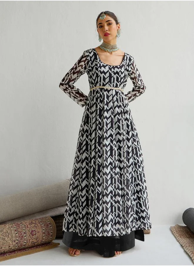 SASSAFRAS All-Over Print Scoop Neck Anarkali Maxi Kurta by Styli