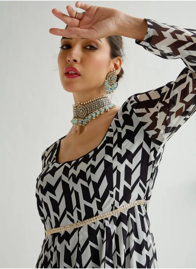 SASSAFRAS All-Over Print Scoop Neck Anarkali Maxi Kurta by Styli