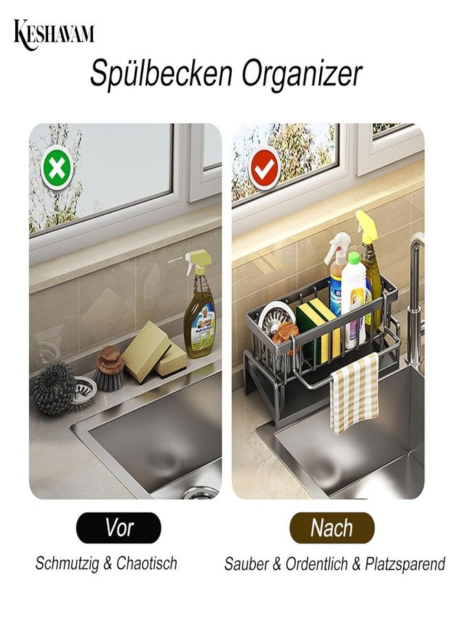KESHAVAM Sink organizer, Metal Sponge Holder Kitchen Sink | Auto-Draining Sink Storage | Organizer soap tray, sink shelf with towel bar, dishwashing brush holder, kitchen storage rack (Black) - Image 3