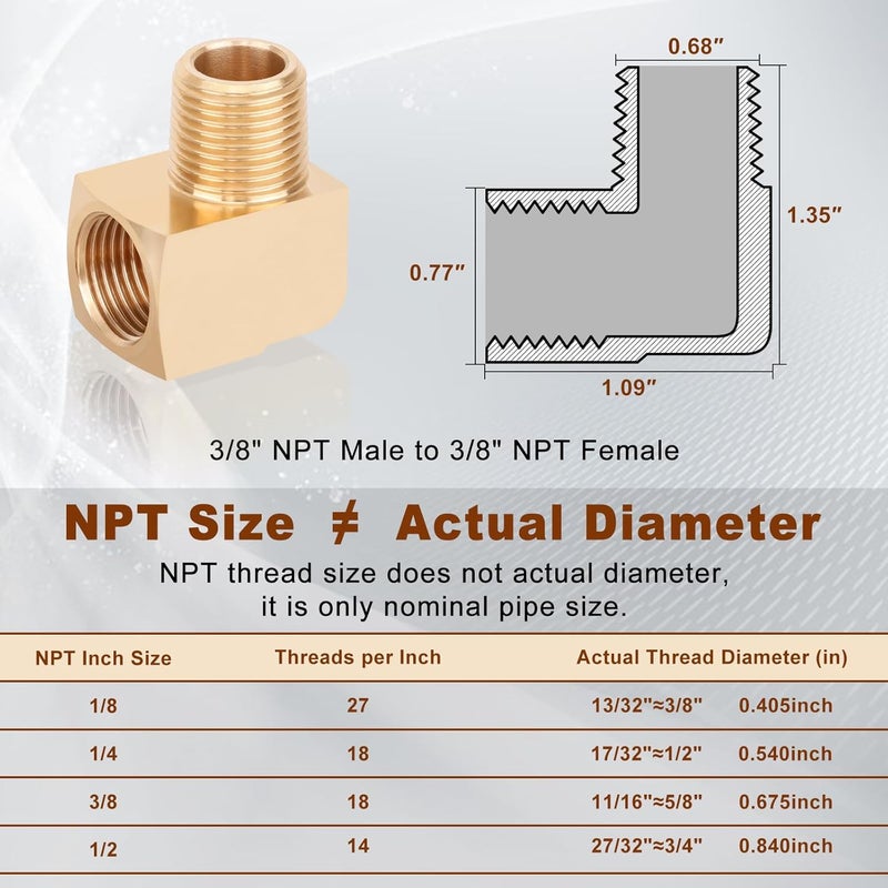 boeray 5pcs 3/8” Brass Fittings 90 Degree Barstock Street Elbow 3/8" NPT Male Pipe to 3/8" NPT Female Pipe 3/8 NPT Elbow Forged Brass Pipe Fittings - Image 2