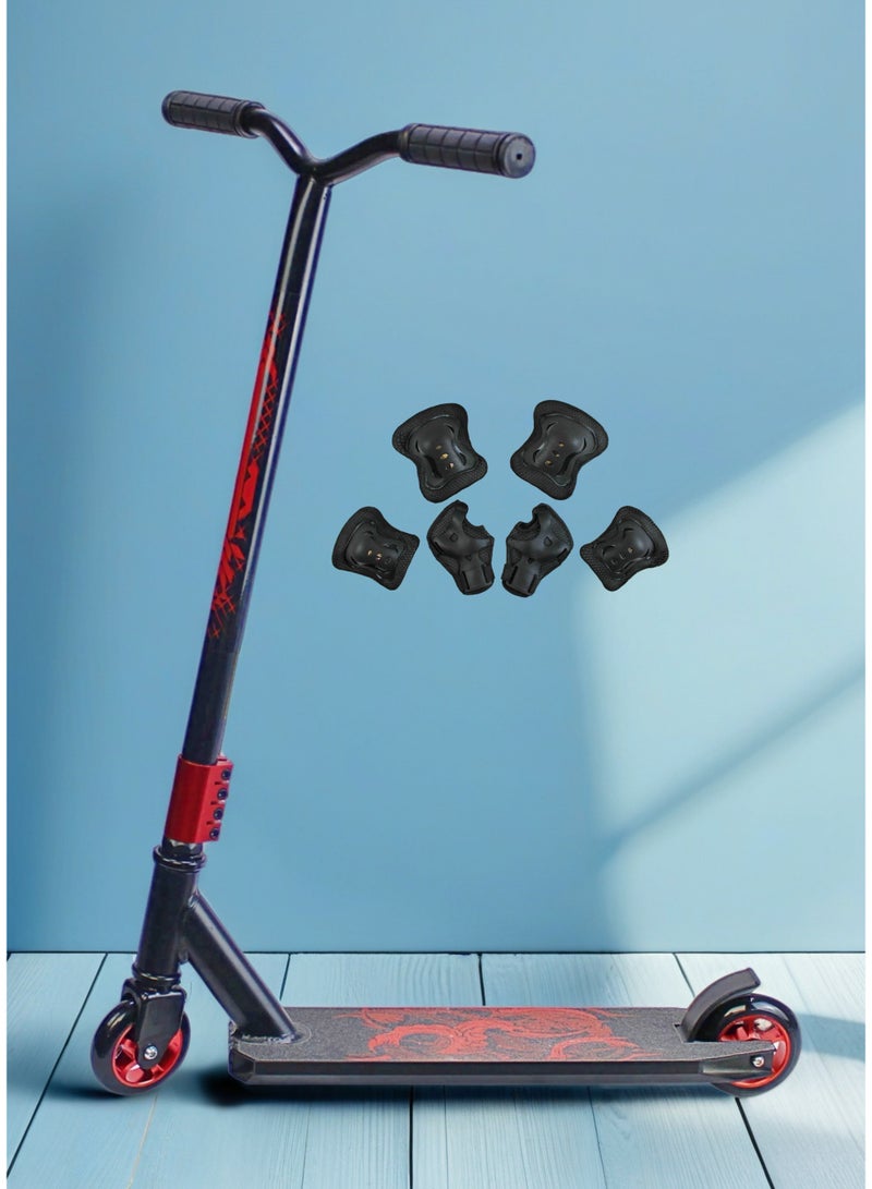 EASY FUTURE Pro Scooter for Tricks with Aluminium Grip Tape Deck – 2 Wheels Stunt Scooter, 110 mm Aluminium Wheels, Wide T-Tube Handlebars, Steel Brake, Lightweight 360 Degree Stunts, For Beginner and Intermediate Level Including Protective Gear Set - Image 1