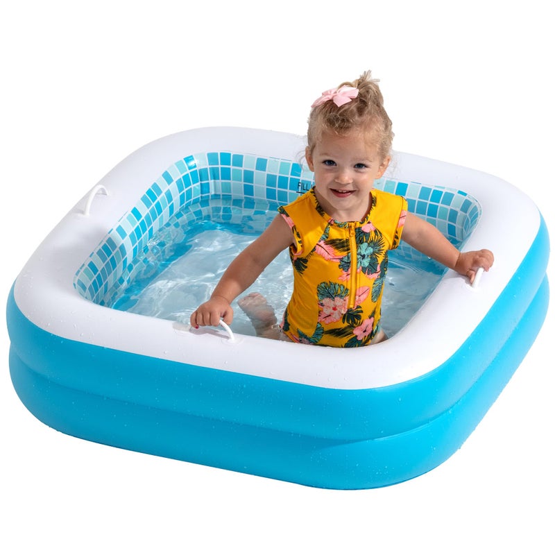 GRIP A POOL Baby Pool with Cushioned Floor, Grip Handles and Drain - Skin Safe Small Square Inflatable Kiddie Pool, Bathtub and Ball Pit, for Babies, Infants and Toddlers 1-3, 34" Summer Blue - Image 1