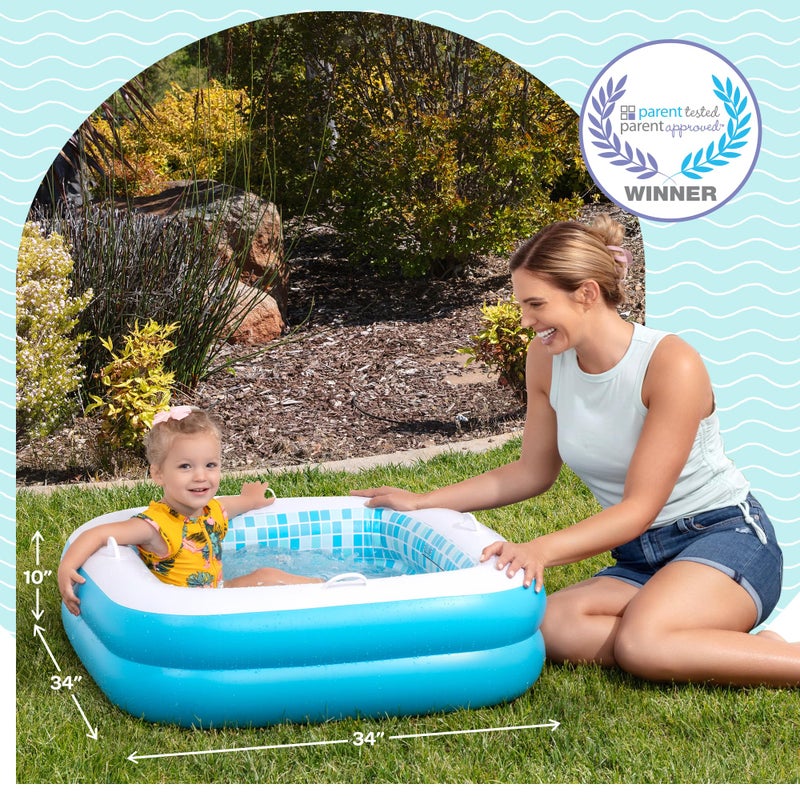 GRIP A POOL Baby Pool with Cushioned Floor, Grip Handles and Drain - Skin Safe Small Square Inflatable Kiddie Pool, Bathtub and Ball Pit, for Babies, Infants and Toddlers 1-3, 34" Summer Blue - Image 2